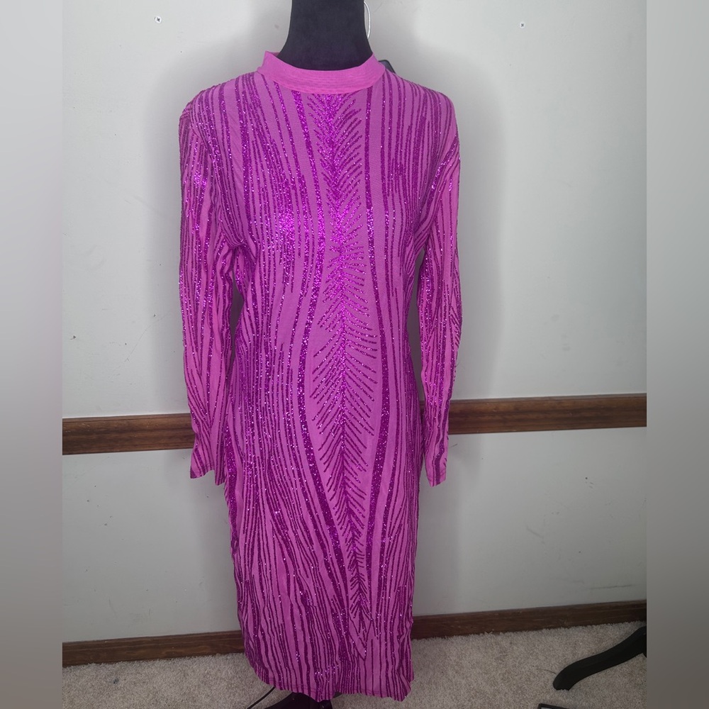 Sexy party birthday club‎ pink glitter see through midi dress